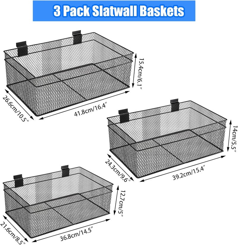 BSTKEY Slatwall Basket Set of 3, Metal Ventilated Hanging Wire Baskets, Retail Display for Slatwall Panel Garage Storage and Organization (3 Size, Black) - Image 2
